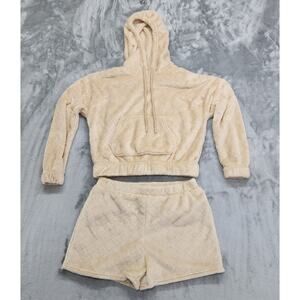 No Boundaries Shorts Set Womens M Juniors Tan Diamond Quilted Faux Fur Hoodie‎